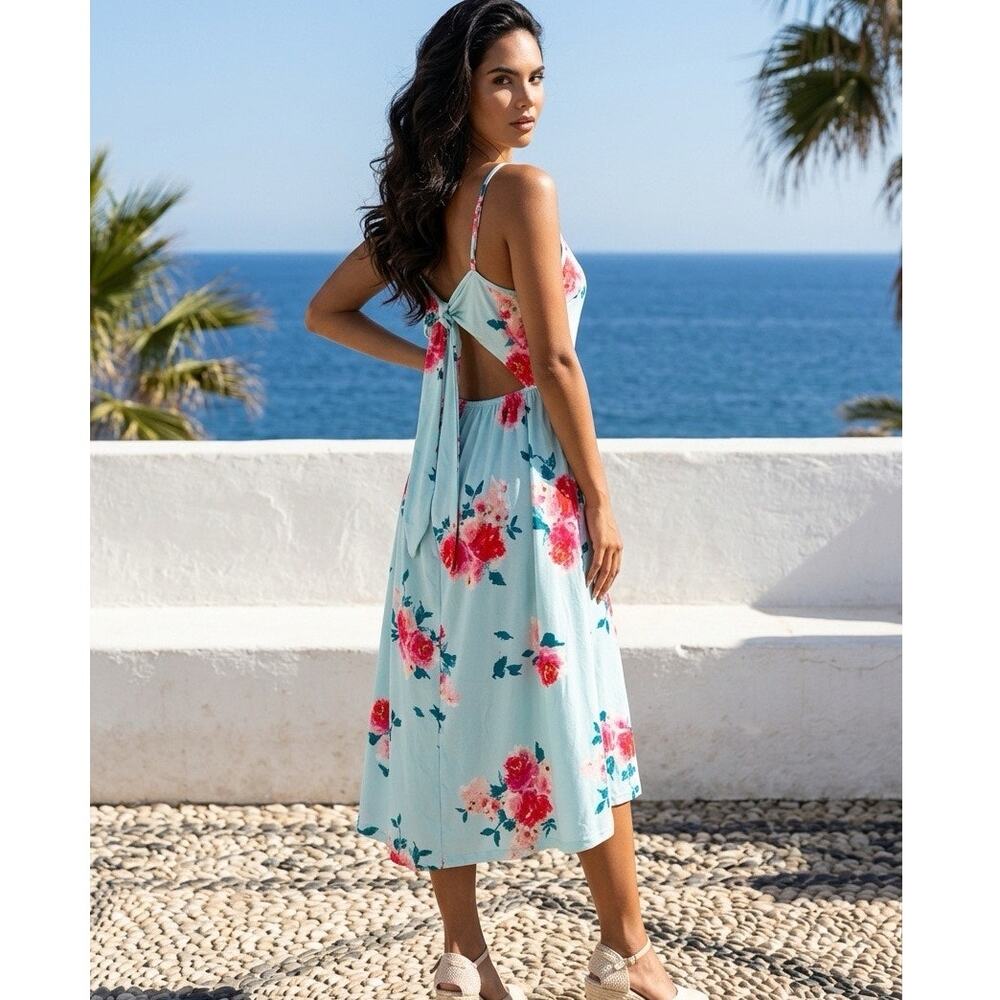 OUGES Floral Midi Dress Women XL CutOut Back Cotton Stretch Party Beach Festival